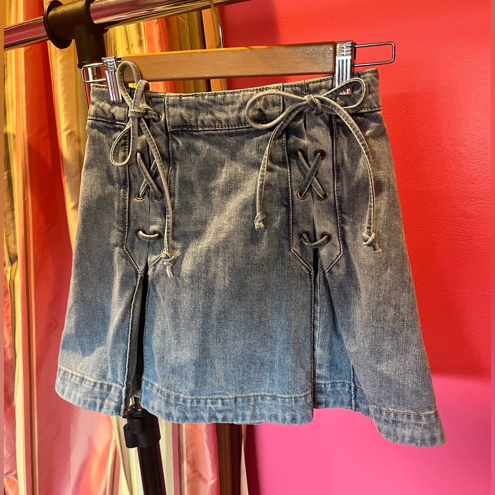 Free People Denim Mini Skirt w/ ties and inverted front pleats